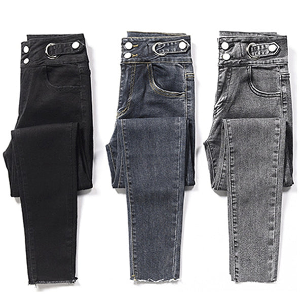 High-waisted denim trousers 2022 slim elastic feet pencil worn out Japanese black jeans women