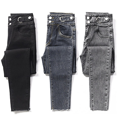 High-waisted denim trousers 2022 slim elastic feet pencil worn out Japanese black jeans women