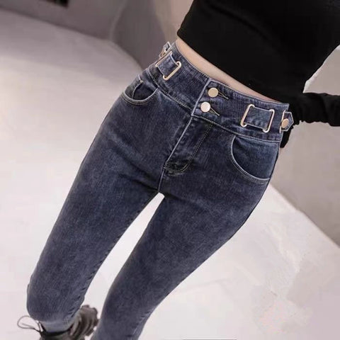 High-waisted denim trousers 2022 slim elastic feet pencil worn out Japanese black jeans women