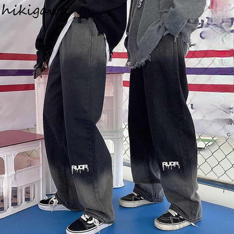 Hikigawa Jeans Woman Harajuku Straight Pantalones Mujer Contrast Color Men Trousers Vintage 2022 Joggers Goth Jean Pant