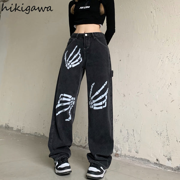 Hikigawa Jeans for Women 2022 Bottoms Korean Wide Leg Pants Women High Waist Straight Trousers Streetwear Pantalon
