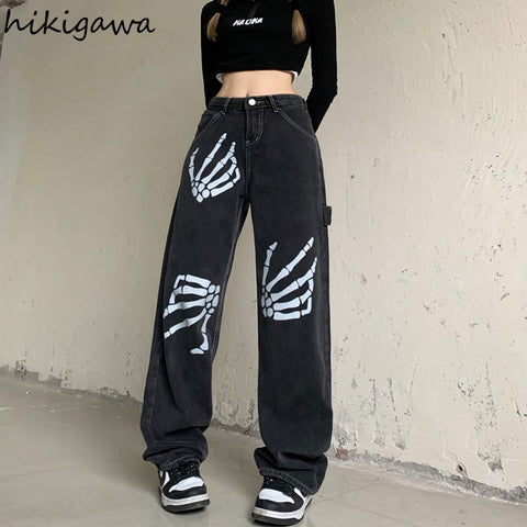 Hikigawa Jeans for Women 2022 Bottoms Korean Wide Leg Pants Women High Waist Straight Trousers Streetwear Pantalon