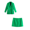 Hikigawa Women Solid Green Skirts Suits 2 Set Blazers Casual Notched Pockets Straight Tailored Coats+Mini Skirt