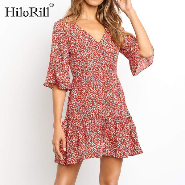 HiloRill 2023 Dress Women Summer Boho Floral Print Tunic Beach Dress Sundress Sexy V-neck Party Mini Dress Vintage Robe Femme
