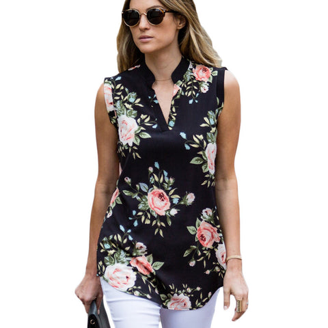 Floral Chiffon Blouse Women Sexy Sleeveless Summer Shirts Casual Loose Tops Tunic Office Lady Blouses Blusas Plus Size