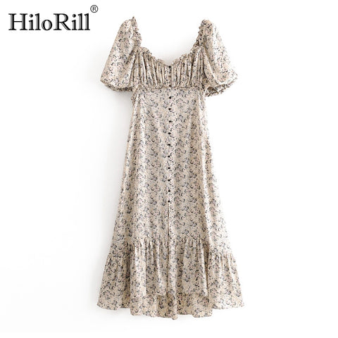HiloRill Floral Print Elegant Dress Women V Neck Vintage Midi Dress Lantern Short Sleeve Female Pleated Dress Vestidos De Fiesta