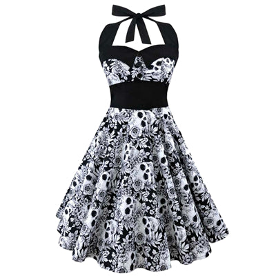 Retro Vintage Style Sleeveless 3D Skull Floral Printed 2022 Summer Women Dress Halter Plus Size Party Sexy Casual Dress