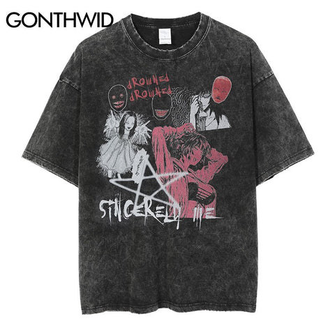 Hip Hop Anime T Shirts Streetwear Vintage Graffiti Japanese Cartoon Graphic Tshirts 2023 Harajuku Cotton Short Sleeve Tees Black