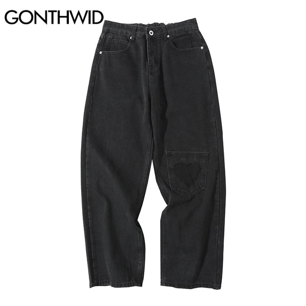 Hip Hop Baggy Denim Pants Streetwear Heart Patchwork Black Jeans Mens 2023 Harajuku Casual Loose Elastic Waist Trousers