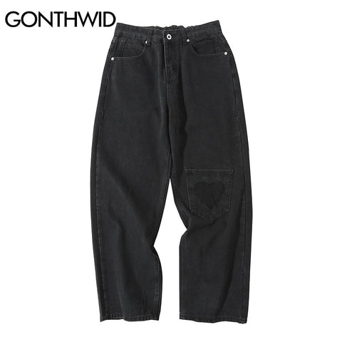 Hip Hop Baggy Denim Pants Streetwear Heart Patchwork Black Jeans Mens 2023 Harajuku Casual Loose Elastic Waist Trousers
