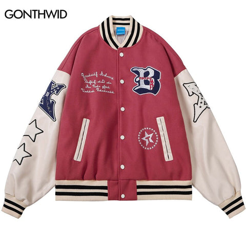 Hip Hop Baseball Jacket Streetwear Embrodiery Letter Color Block Patchwork Bomer Coats Harajuku Vintage Casual Varsity Jackets