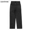 Hip Hop Denim Jeans Mens Embroidered Patched Straight Jeans Pants Streetwear Harajuku Casual Loose Pathcwork Trousers Blue Black