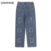 Hip Hop Denim Jeans Mens Embroidered Patched Straight Jeans Pants Streetwear Harajuku Casual Loose Pathcwork Trousers Blue Black