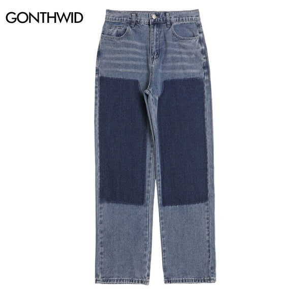 Hip Hop Denim Jeans Mens Embroidered Patched Straight Jeans Pants Streetwear Harajuku Casual Loose Pathcwork Trousers Blue Black