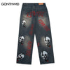 Hip Hop Denim Jeans Skull Skeleton Snake Letter Print Straight Jean Pants Streetwear Mens Harajuku Casual Baggy Trousers Blue