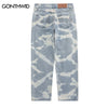 Hip Hop Denim Pants Streetwear Ripped Destroyed Hole Tie Dye Straight Jeans Harajuku Casual Loose Baggy Denim Trousers