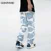 Hip Hop Denim Pants Streetwear Ripped Destroyed Hole Tie Dye Straight Jeans Harajuku Casual Loose Baggy Denim Trousers