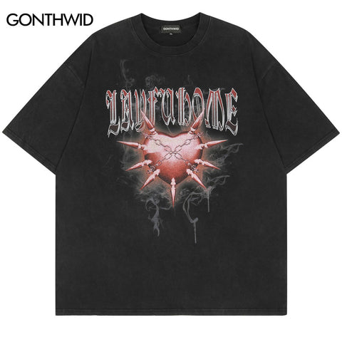 Hip Hop Distressed Tshirt Heart Chain Print T-Shirt Men 2023 Vintage Punk Gothic Streetwear Tee Shirts Harajuku Loose Cotton Top