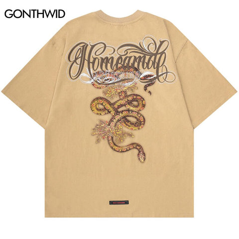Hip Hop Distressed Tshirt Vintage Snake Python Letter Print Punk Rock Gothic T-Shirt Streetwear Harajuku Casual Short Sleeve Top