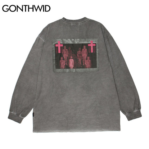 Hip Hop Gothic Oversize Tee Shirt Mens Punk Streetwear Vintage Ghost Graphic Print Long Sleeve Distressed Cotton Tshirt Harajuku