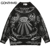 Hip Hop Gothic Oversized Sweater Knitted Streetwear Vintage Skeleton Skull Rose Print Ripped Punk Pullover 2023 Harajuku Black