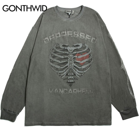 Hip Hop Gothic Oversized T Shirts Streetwear Vintage Skull Graphic Print Punk Long Sleeve Tee 2023 Harajuku Loose Cotton Tshirts