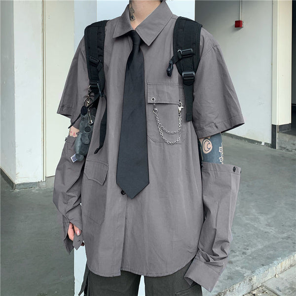 Hip Hop Gray Shirts Women Harajuku Detachable Sleeve Oversized Bf Gothic Blouse with Tie Vintage Streetwear Punk Autumn Shirt