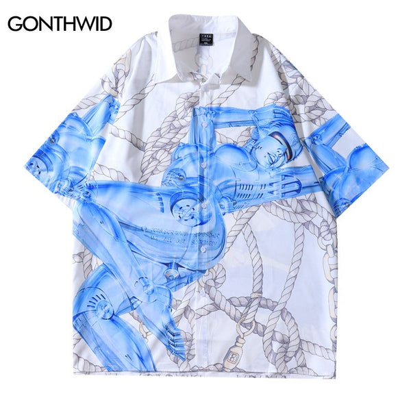 Hip Hop Hawaiian Shirt Blouse Robot Chain Print Short Sleeve Shirts Streetwear 2023 Mens Harajuku Summer Casual Button Up Tops