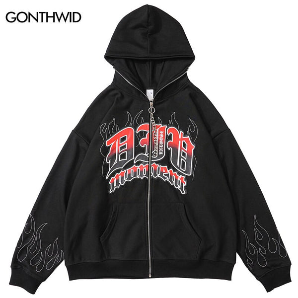 Hip Hop Hoodie Jacket Y2K Streetwear Embrodiery Flame Letter Zip Up Hooded Sweatshirt Coats Harajuku Punk Gothic Loose Jackets