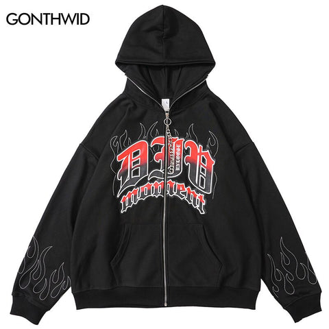 Hip Hop Hoodie Jacket Y2K Streetwear Embrodiery Flame Letter Zip Up Hooded Sweatshirt Coats Harajuku Punk Gothic Loose Jackets
