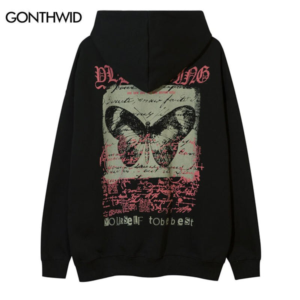 Hip Hop Hoodie Streetwear Grunge Butterfly Letter Print Punk Gothic Hooded Sweatshirt 2023 Mens Harajuku Loose Pullover