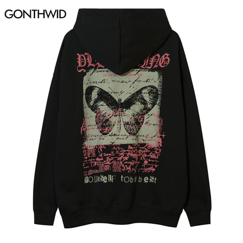 Hip Hop Hoodie Streetwear Grunge Butterfly Letter Print Punk Gothic Hooded Sweatshirt 2023 Mens Harajuku Loose Pullover