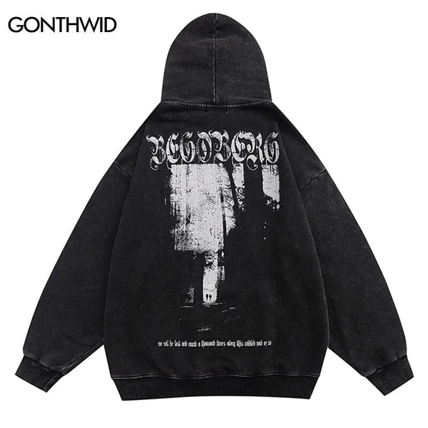 Hip Hop Hoodie Streetwear Vintage Graphic Letter Print Distressed Wash Hooded Sweatshirts 2023 Men Harajuku Casual Cotton Hoodie