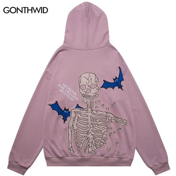 Hip Hop Hoodie Sweatshirt Jacket Y2K Grunge Streetwear Hip Hop Embroidery Skeleton Skull Bat Zip Up Punk Goth Hooded Jacket Coat