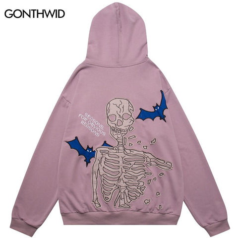 Hip Hop Hoodie Sweatshirt Jacket Y2K Grunge Streetwear Hip Hop Embroidery Skeleton Skull Bat Zip Up Punk Goth Hooded Jacket Coat