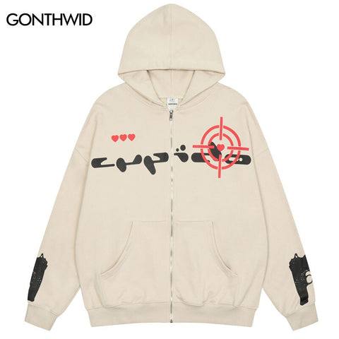 Hip Hop Hoodie Sweatshirt Jacket Y2K Streetwear Vintage Gun Letter Print Zip Up Punk Gothic Hooded Coat Harajuku Grunge Hoodie
