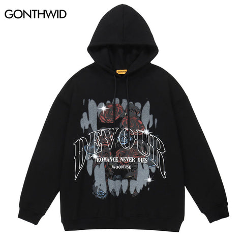 Hip Hop Hoodie Sweatshirt Men Floral Letter Print Punk Gothic Hooded 2023 Harajuku Casual Cotton Loose Pullover Hoodie
