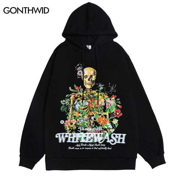 Hip Hop Hoodie Sweatshirt Streetwear Men Skull Skeleton Floral Print Punk Gothic Hooded Harajuku Casual Loose Pullover Hoodie