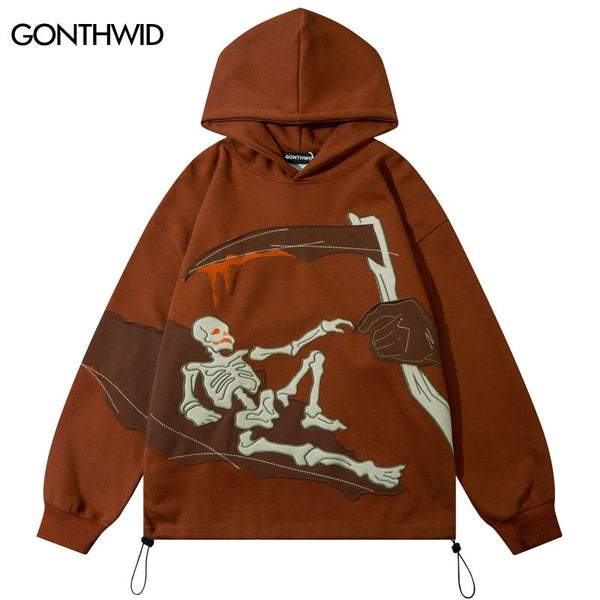 Hip Hop Hoodie Sweatshirt Streetwear Y2K Vintage Embroidery Skull Skeleton Punk Gothic Hooded Harajuku Fashioin Pullover Couples