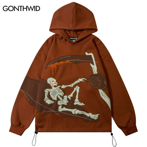 Hip Hop Hoodie Sweatshirt Streetwear Y2K Vintage Embroidery Skull Skeleton Punk Gothic Hooded Harajuku Fashioin Pullover Couples