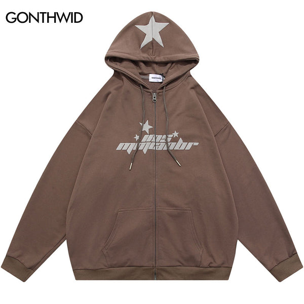 Hip Hop Hoodie Sweatshirt Streetwear Y2K Vintage Star Letter Print Zipper Hooded Coats Men Autumn Harajuku Loose Hoodies