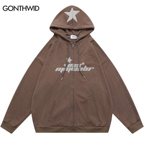 Hip Hop Hoodie Sweatshirt Streetwear Y2K Vintage Star Letter Print Zipper Hooded Coats Men Autumn Harajuku Loose Hoodies