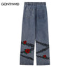 Hip Hop Jeans Pants Streetwear Mens Vintage Embroidery Rose Floral Baggy Straight Denim Pants 2023 Harajuku Loose Baggy Trousers