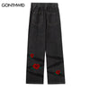 Hip Hop Jeans Pants Streetwear Mens Vintage Embroidery Rose Floral Baggy Straight Denim Pants 2023 Harajuku Loose Baggy Trousers