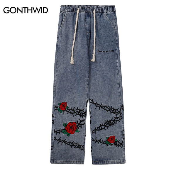 Hip Hop Jeans Pants Streetwear Mens Vintage Embroidery Rose Floral Baggy Straight Denim Pants 2023 Harajuku Loose Baggy Trousers