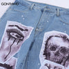 Hip Hop Jeans Y2K Streetwear Graphic Skull Skeleton Letter Patch Straight Loose Denim Pants Harajuku Punk Gothic Baggy Trousers