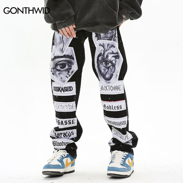 Hip Hop Jeans Y2K Streetwear Graphic Skull Skeleton Letter Patch Straight Loose Denim Pants Harajuku Punk Gothic Baggy Trousers