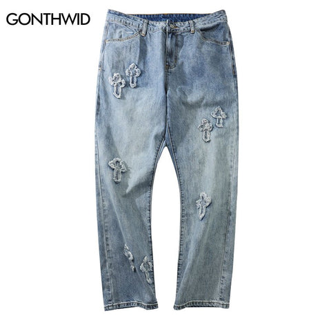 Hip Hop Jeans Y2K Streetwear Mens Retro Embroidery Patch Straight Baggy Denim Pants Harajuku Casual Loose Trousers High Street