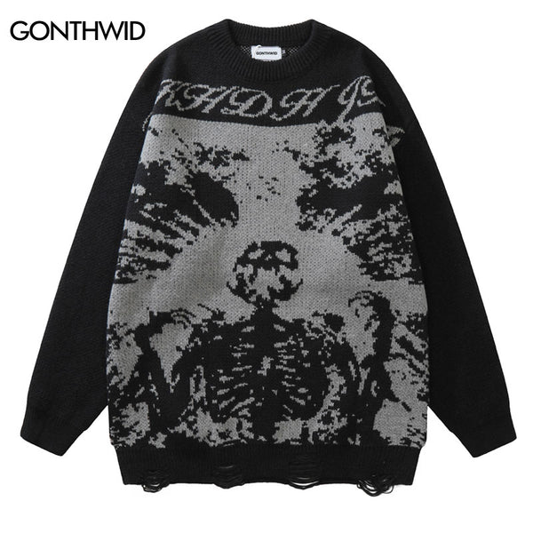 Hip Hop Knitted Sweater Y2K Grunge Mens Ripped Knitted Skull Skeleton Punk Gothic Jumpers Sweaters Streetwear Harajuku Pullovers