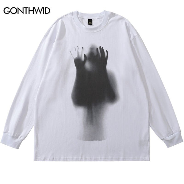 Hip Hop Long Sleeve T-Shirt Men Ghost Shadow Print Cotton Tshirt Streetwear 2023 Harajuku Casual Loose Punk Gothic Shirts White